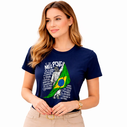 Camiseta Feminina Azul Brasil  E se Meu Povo