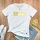 Camiseta Feminina Branca Aplique Jesus Glitter Dourado