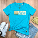 Camiseta Feminina Turquesa Aplique Jesus Glitter Dourado