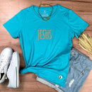Camiseta Feminina Turquesa Jesus Cruz Glitter