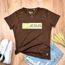 Camiseta Feminina Marrom Aplique Jesus Glitter Dourado