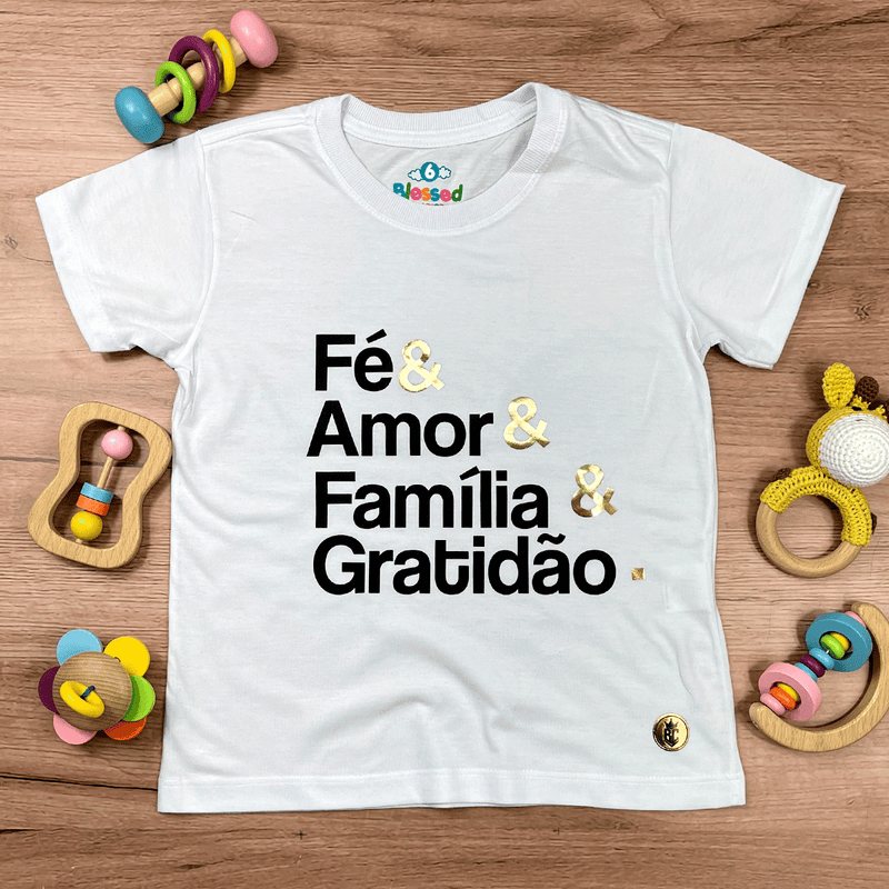 T-Shirt Infantil Branca Fé & Amor Dourado