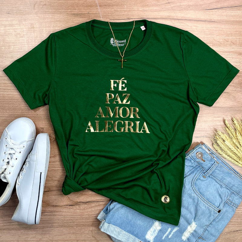 Camiseta Feminina Verde Fé Paz Dourado