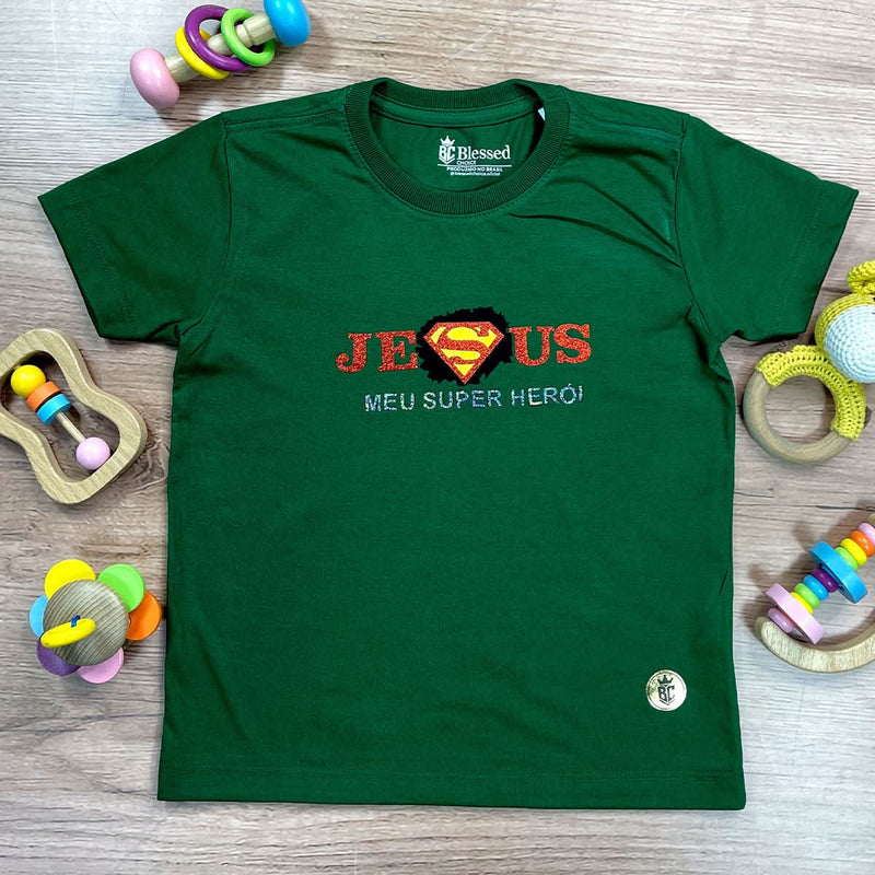 T-Shirt Infantil Verde Jesus Meu Super Herói