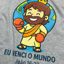 T-Shirt Infantil Cinza Eu Venci o Mundo