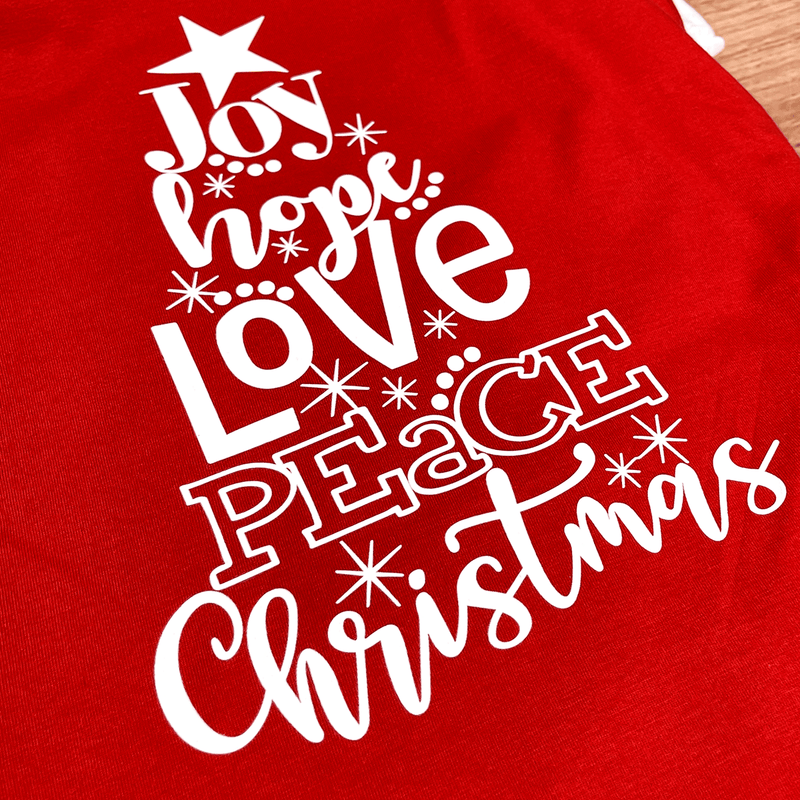 T-Shirt Infantil Vermelha Árvore Joy Hope Love Peace Christmas