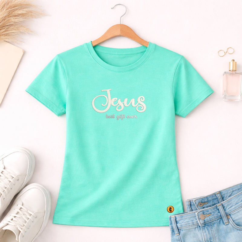 Camiseta Feminina Verde Menta Jesus Best Gift Ever Veludo