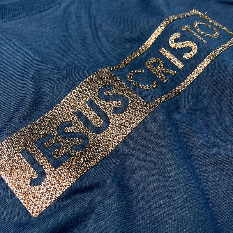 Camiseta Feminina Azul Jesus Cristo Glitter