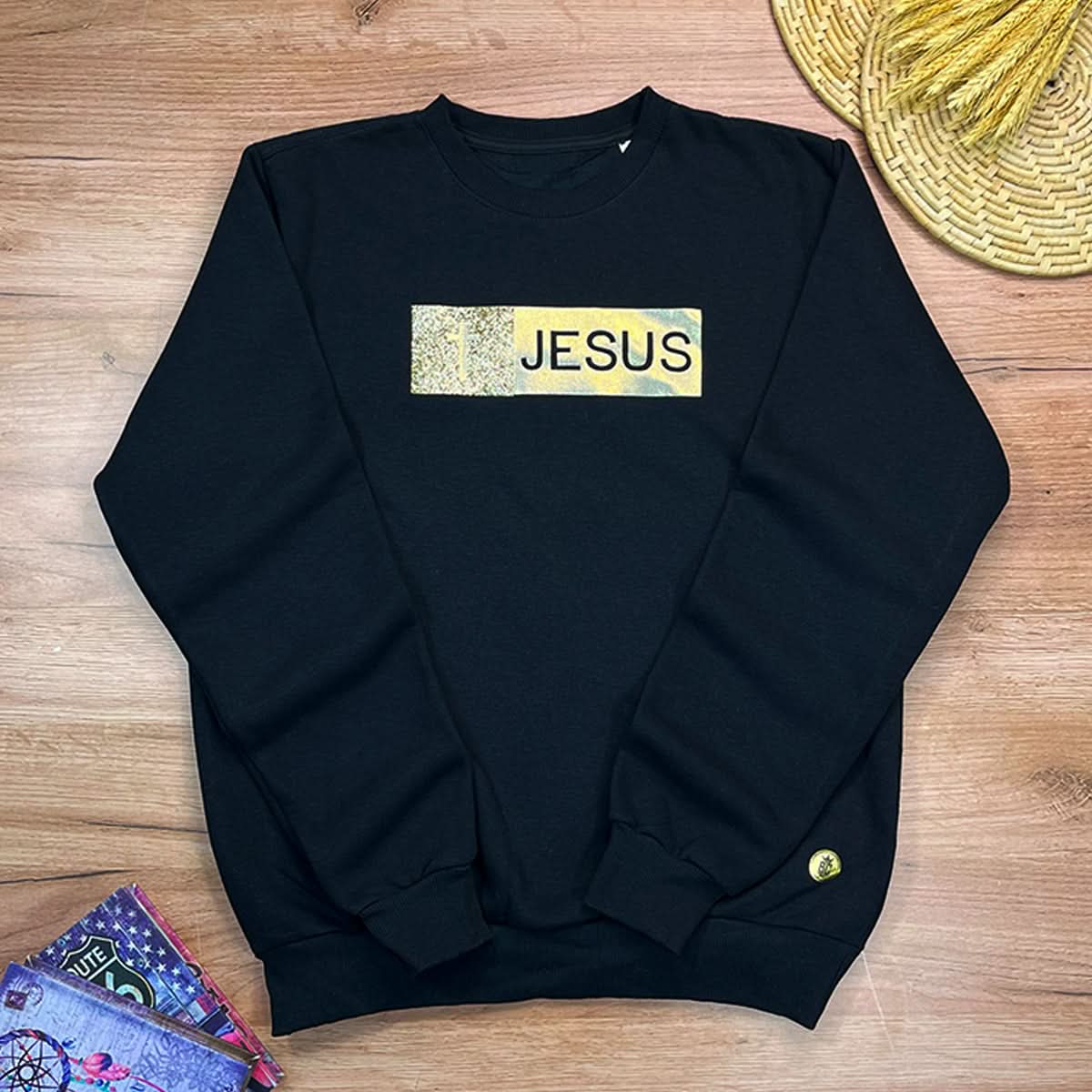 Moletom Preto Aplique Jesus Glitter Dourado