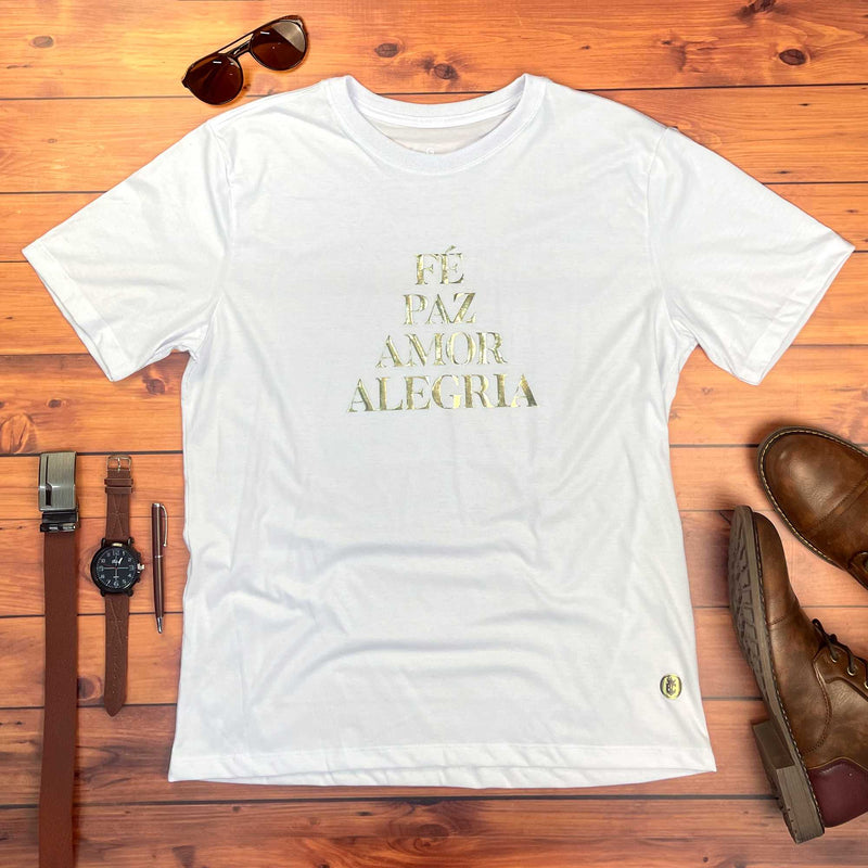 Camiseta Masculina Branca Fé Paz Dourado