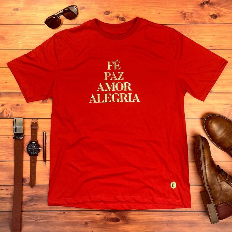 Camiseta Masculina Vermelha Fé Paz Dourado