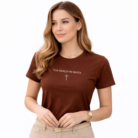Camiseta Feminina  Marrom Tua Graça Me Basta