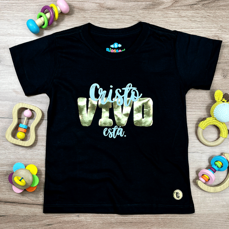 T-Shirt Infantil Preta Cristo Vivo Está