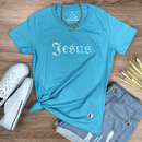 Camiseta Feminina Turquesa Aplique Jesus