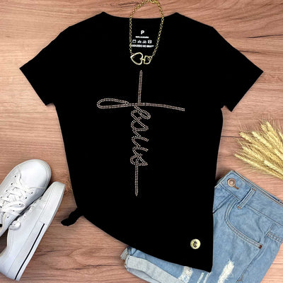 Camiseta Feminina Preta Jesus Strass