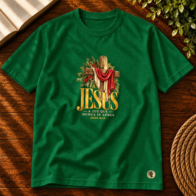 Camiseta Masculina Verde Jesus a Luz que nunca se apaga — Principal 01
