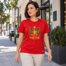 Camiseta Feminina Vermelha Nasceu para nos salvar — Ambientada 02