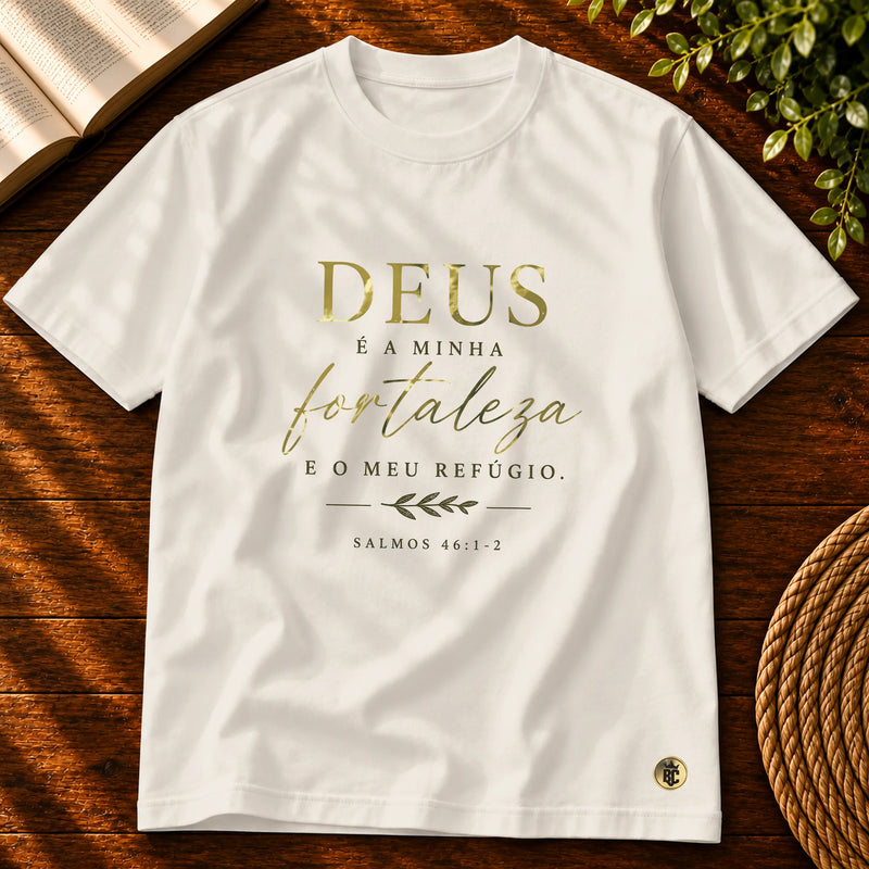 Camiseta Masculina Off White Deus É a Minha Fortaleza — Principal 01