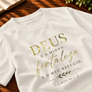 Camiseta Masculina Off White Deus É a Minha Fortaleza — Zoom