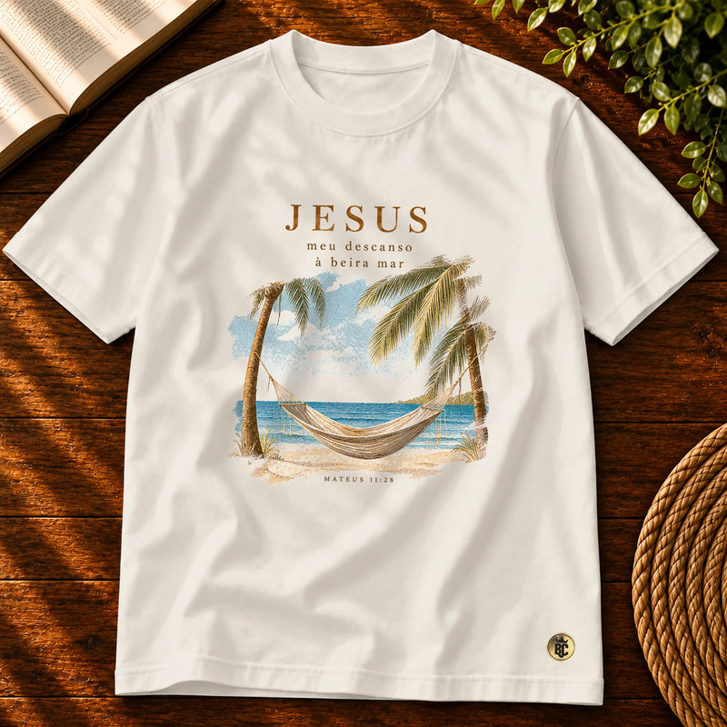 Camiseta Masculina Off White Jesus meu descanso — Principal 01