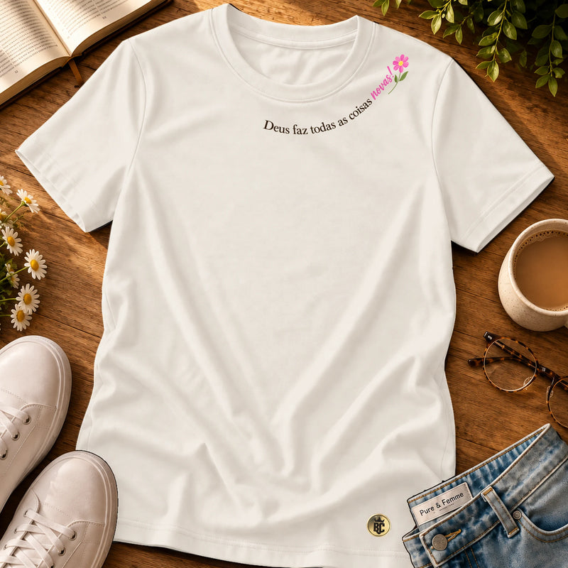 Camiseta Feminina Off White Deus Faz Todas as Coisas Novas! — Principal 01