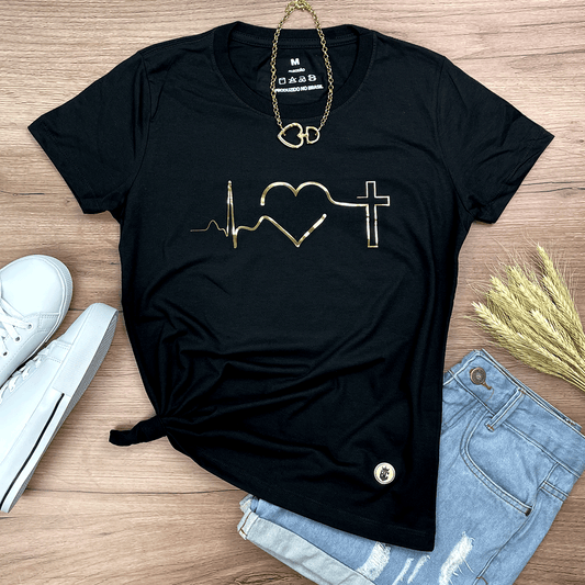 Camiseta Feminina Preta Batimento Coração Dourado