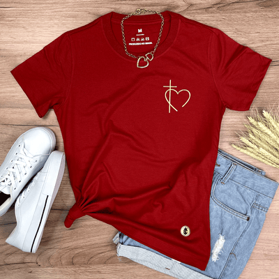 Camiseta Feminina Vermelha Cruz Coração Minimalista