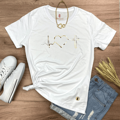 Camiseta Feminina Branca Batimento Coração Dourado