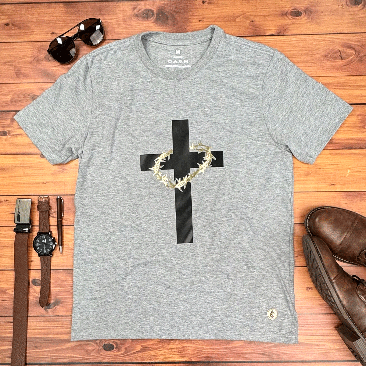 Camiseta Masculina Cinza Cruz Espinhos