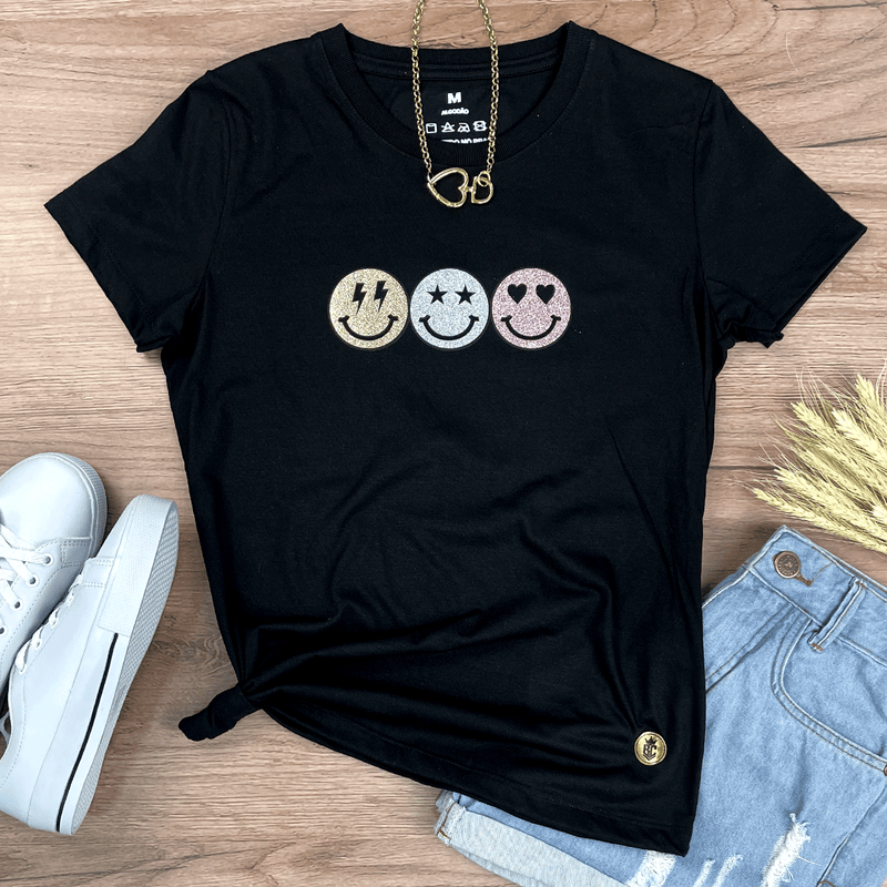 Camiseta Feminina Preta Smile Glitter