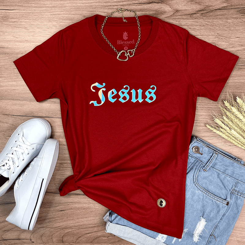 Camiseta Feminina Vermelha Aplique Jesus