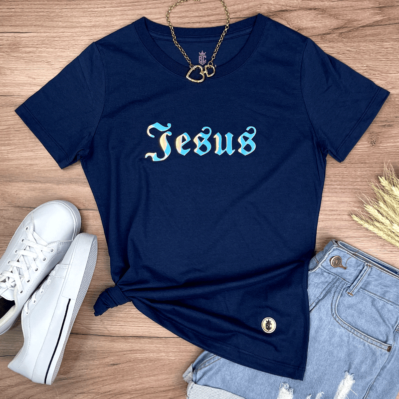 Camiseta Feminina Azul Aplique Jesus