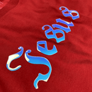 Camiseta Feminina Vermelha Aplique Jesus