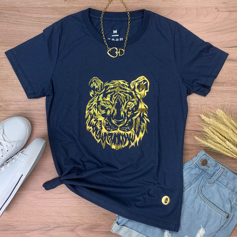 Camiseta Feminina Azul Leoa Dourada